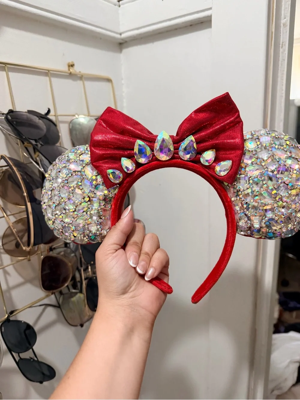 Red Sequin Minnie Mouse Disney Style Ear Headband with Iridescent Gems